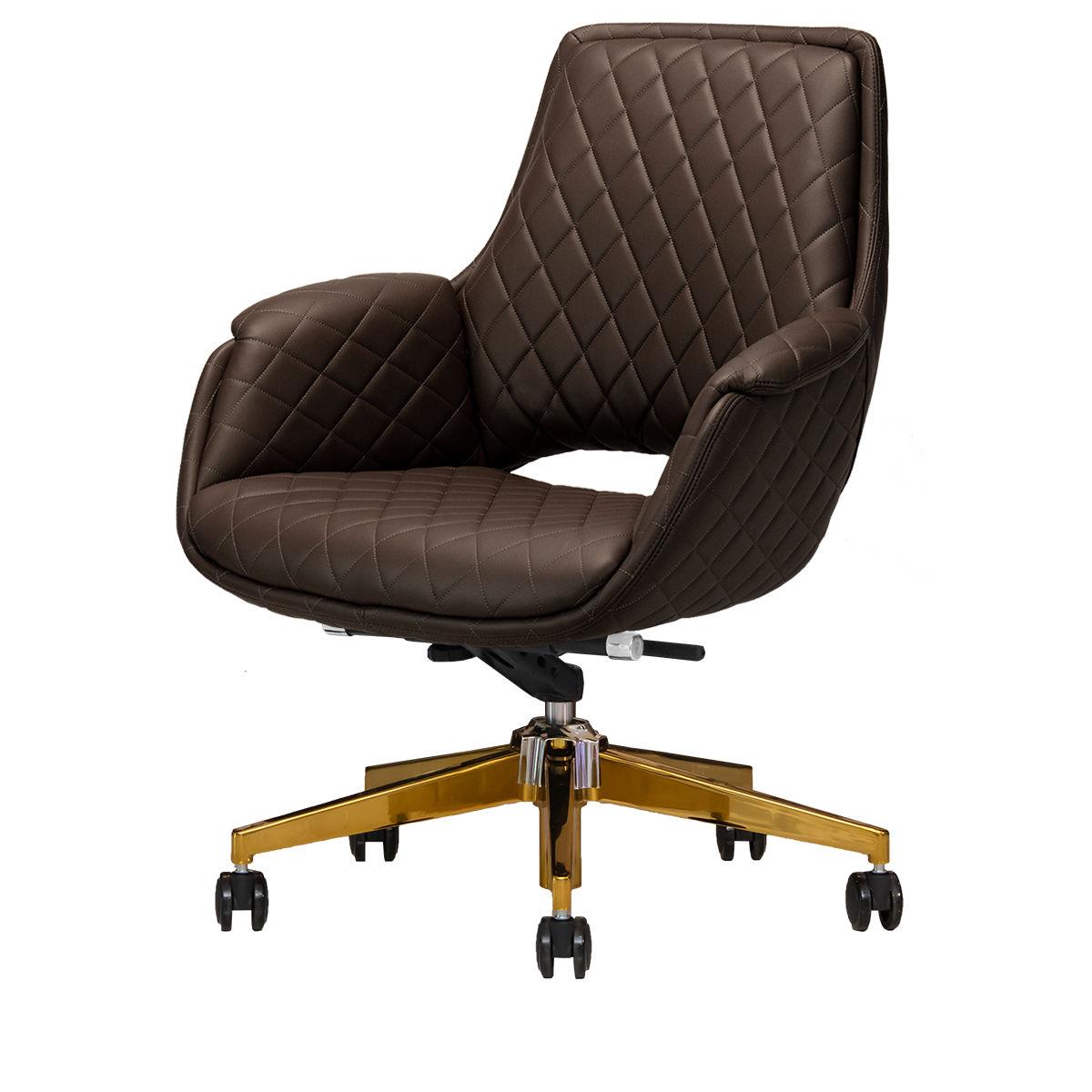 Chocolate colored salon customer chair with gold hardware