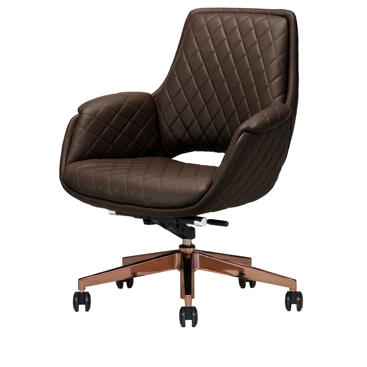 Chocolate colored salon chair with rose gold hardware