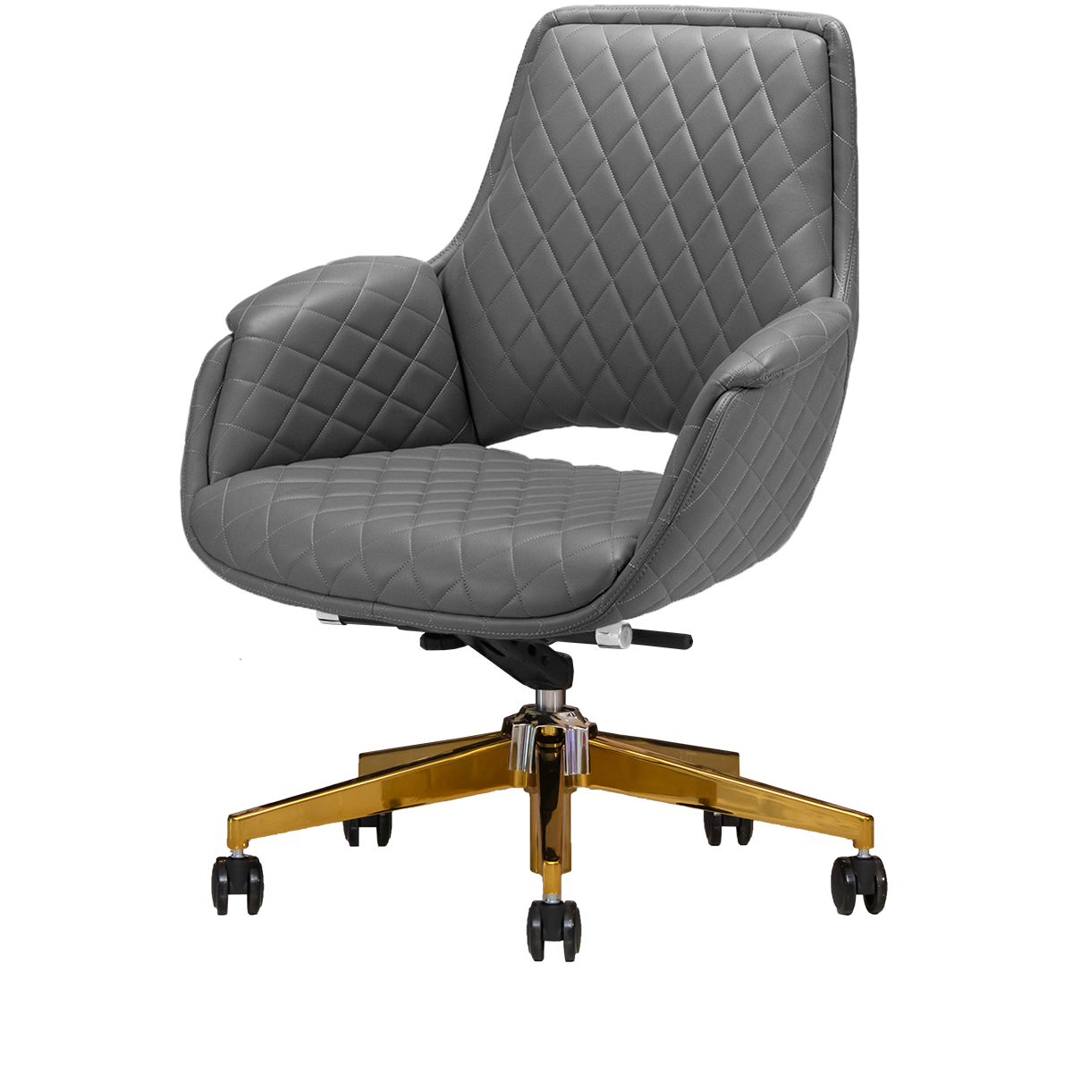 Gray salon customer chair with gold hardware