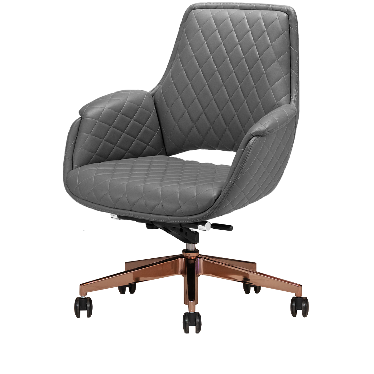Gray customer salon chair with rose gold hardware