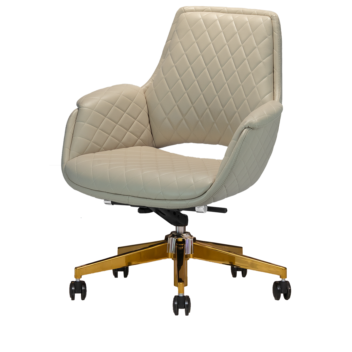 Khaki colored customer salon chair with gold hardware