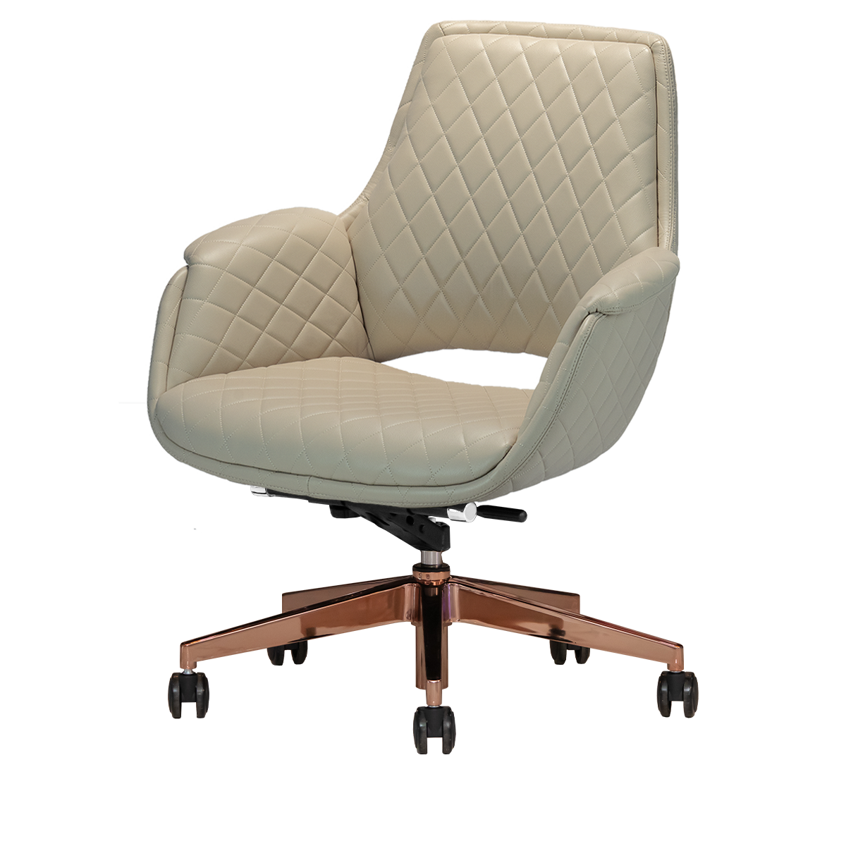 Khaki customer salon chair with rose gold hardware