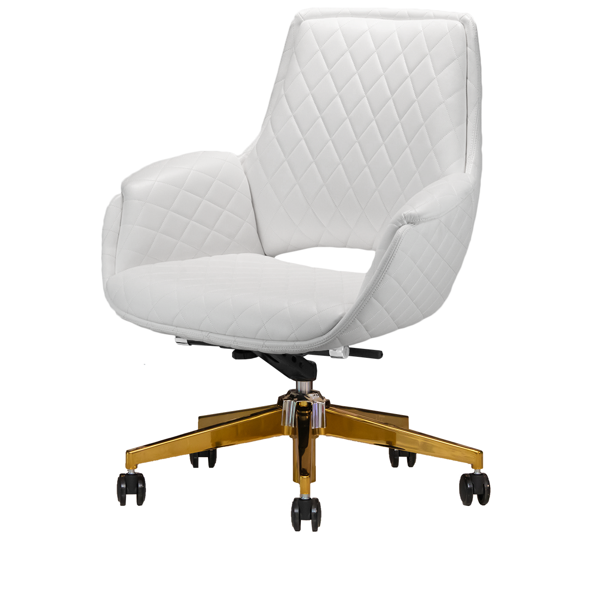 White salon customer chair with gold hardware