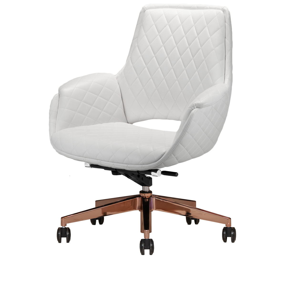 White customer salon chair with rose gold hardware