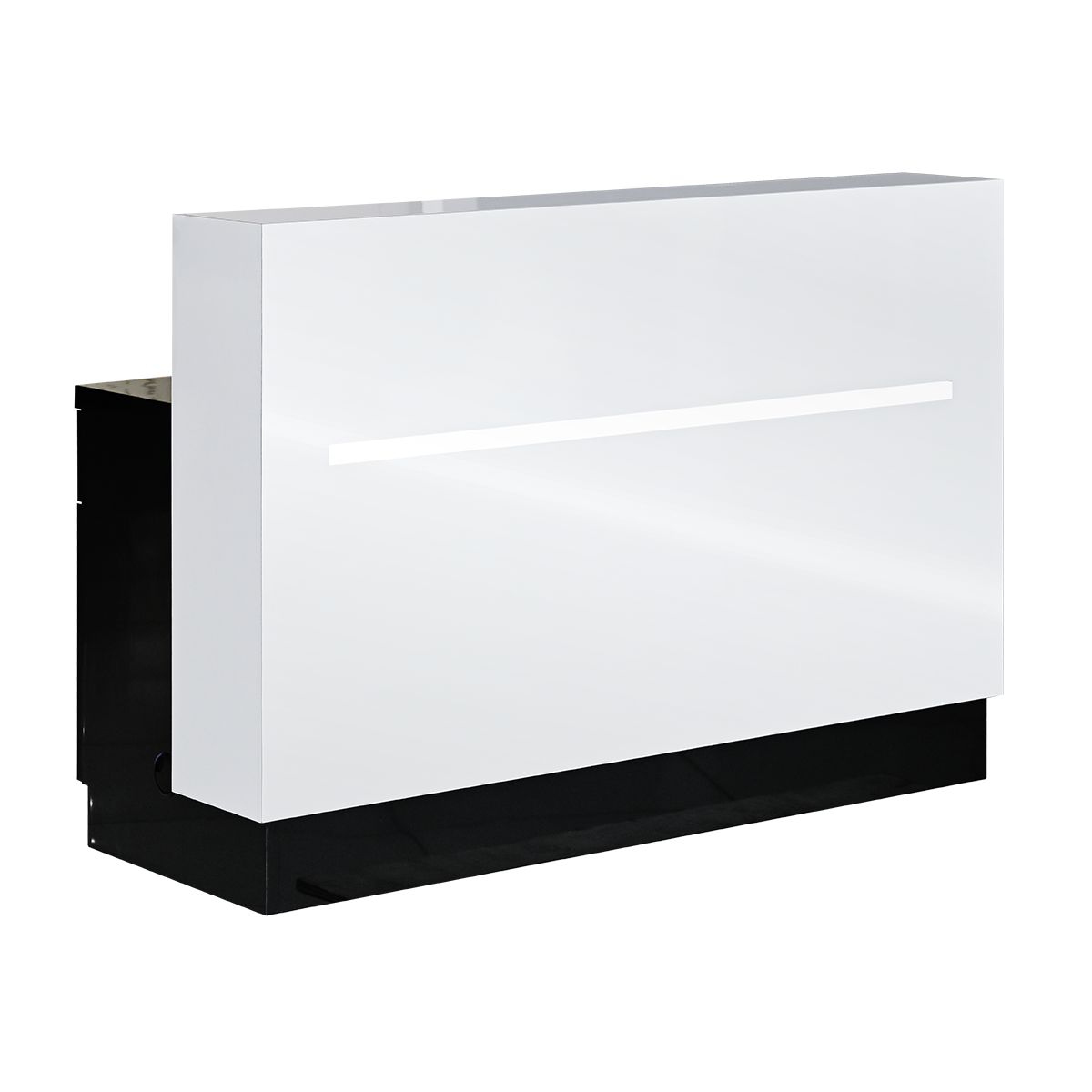 White salon reception desk with black rear