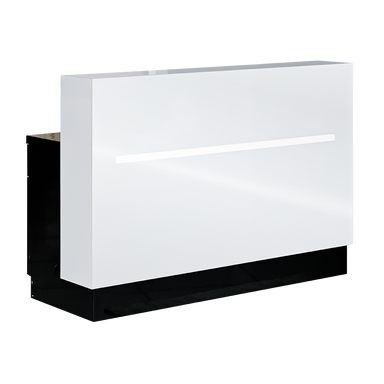 White salon reception desk with black rear