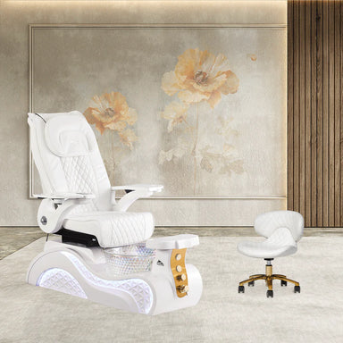 White pedicure chair on white base with gold accents