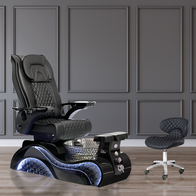 Black pedicure chair on black base with technician stool 