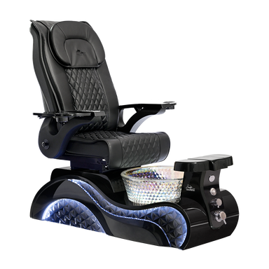 Black pedicure chair on black base with clear bowl