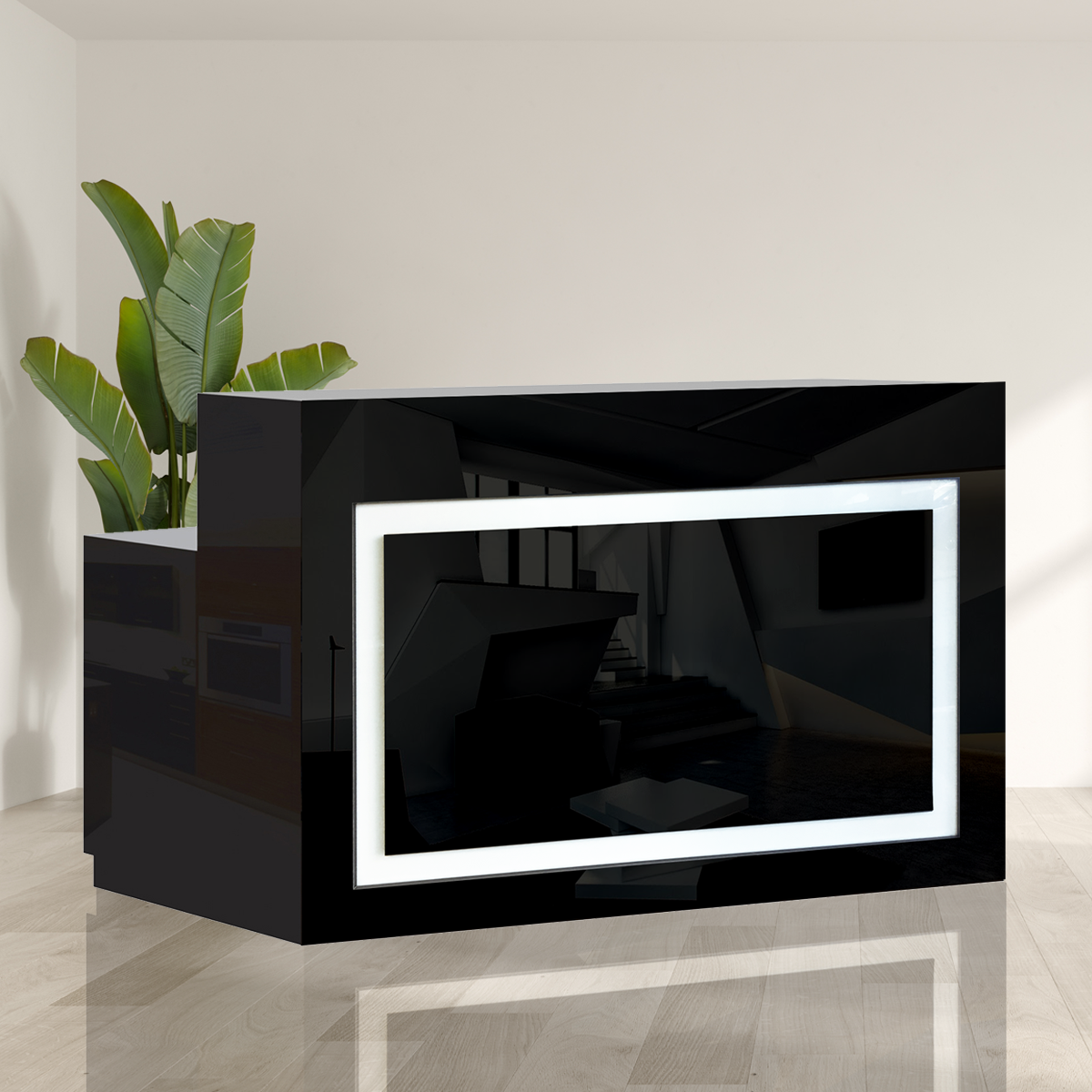Black LED lit salon reception desk against beige wall