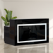 Black LED lit salon reception desk against beige wall