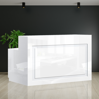 White LED lit salon reception desk against black wall