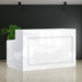 White LED lit salon reception desk against black wall
