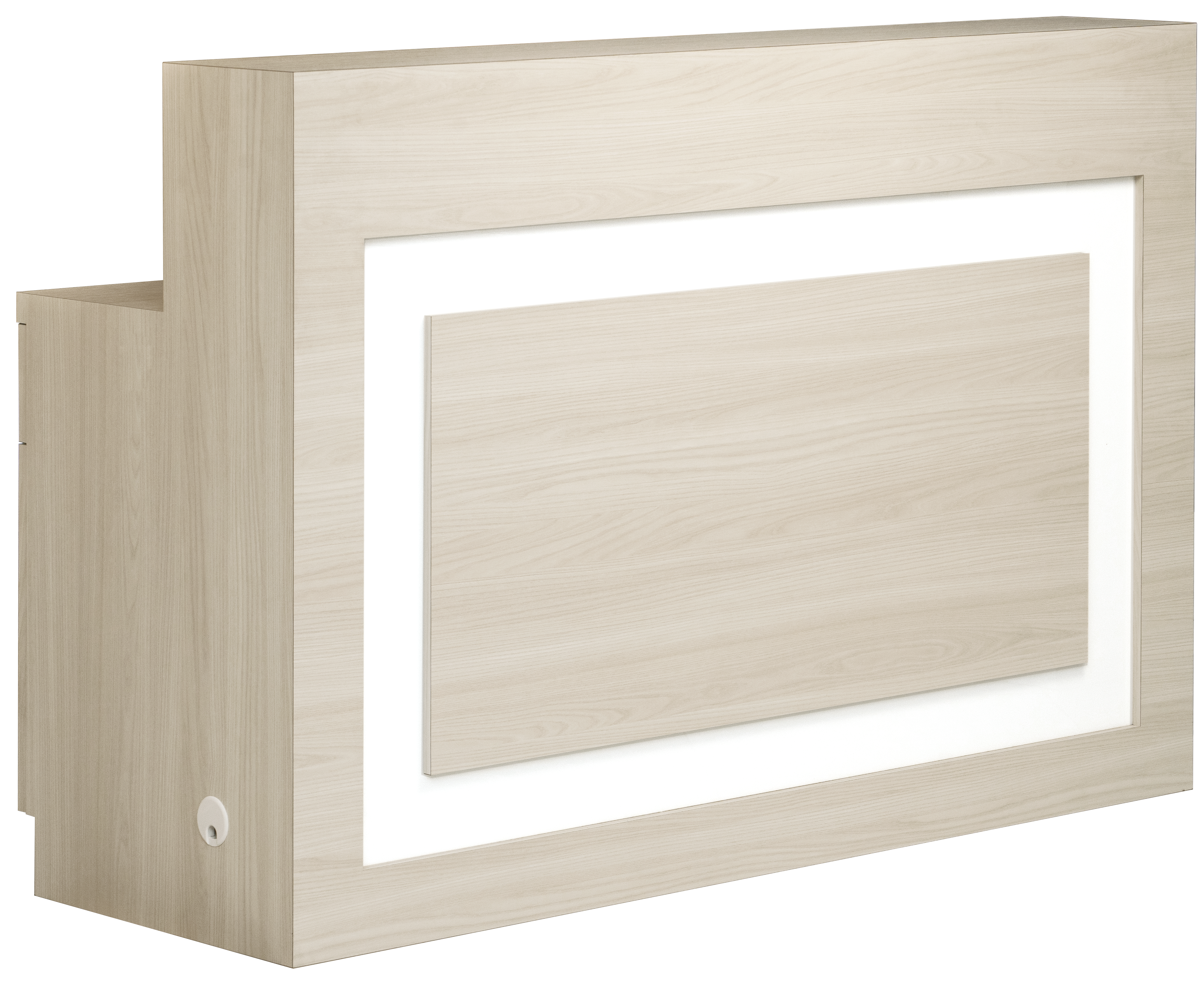 LED lit reception desk in enchanted oak color
