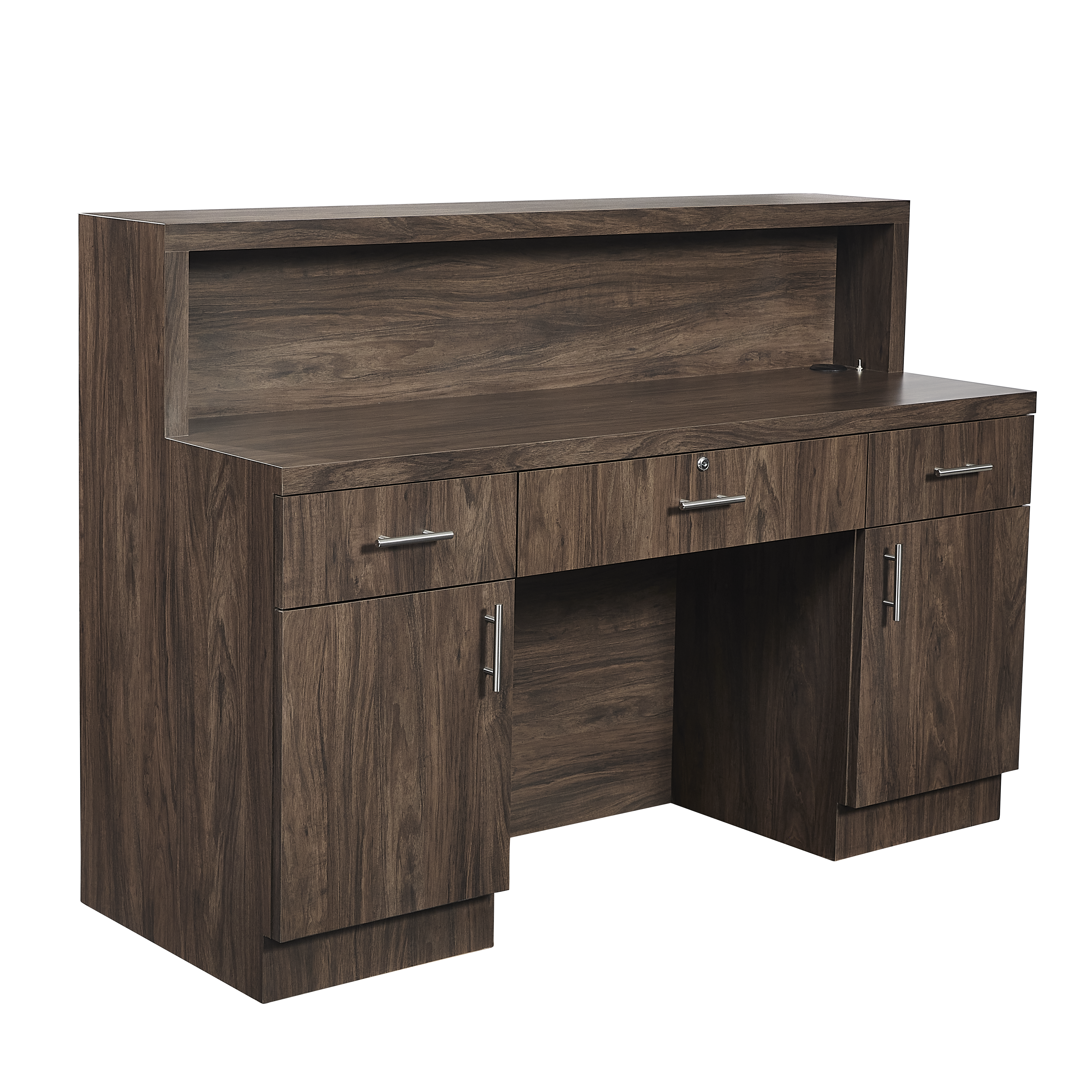 Rear view of salon reception desk in mahogany glow