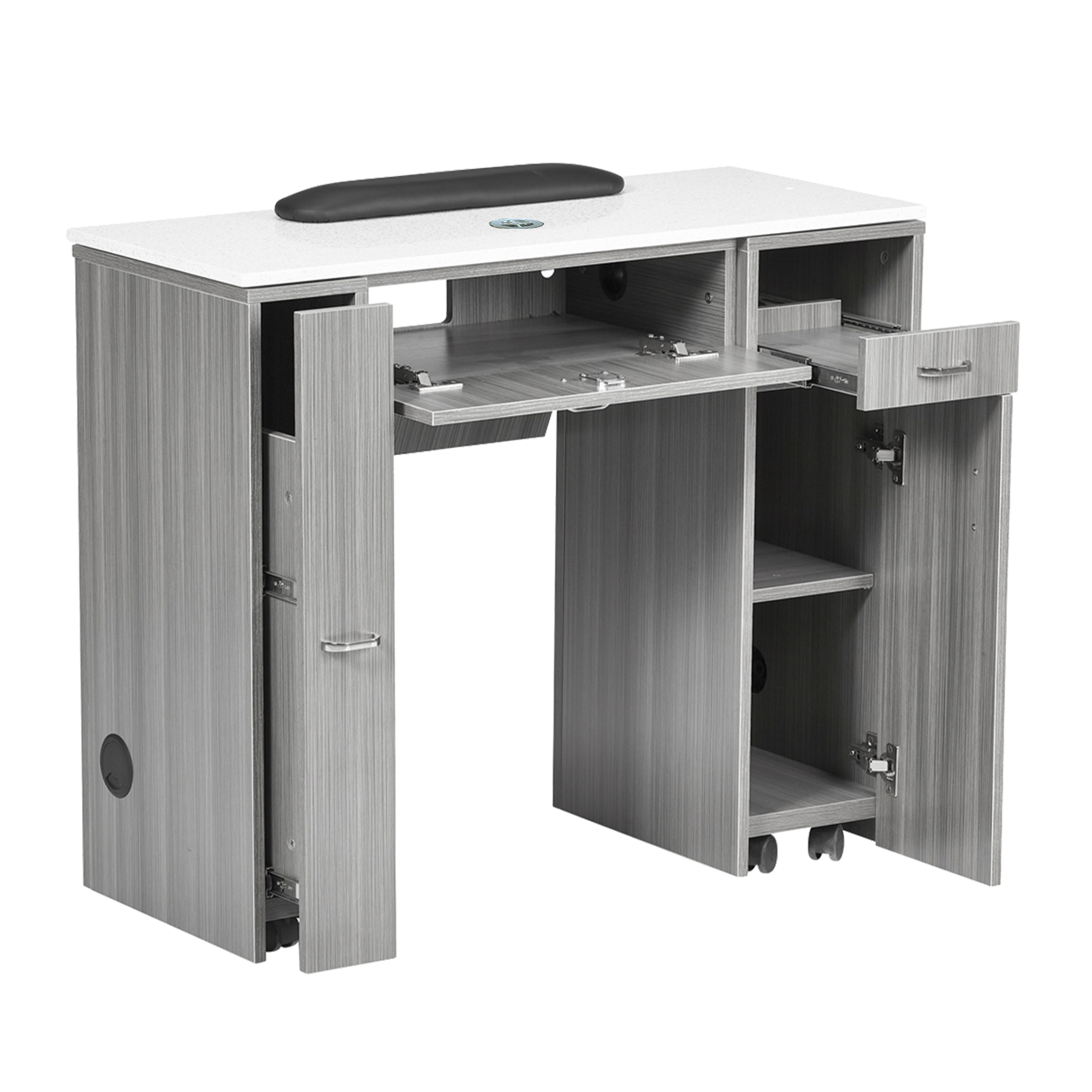 Gray manicure table with white top and open drawers 