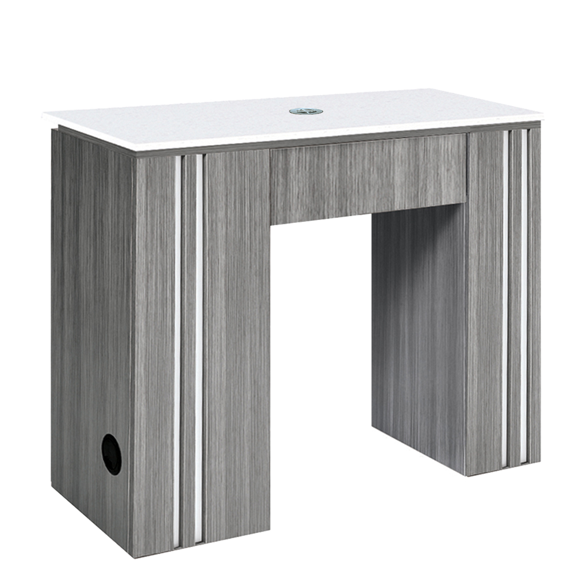 Front view of gray manicure table with white top 
