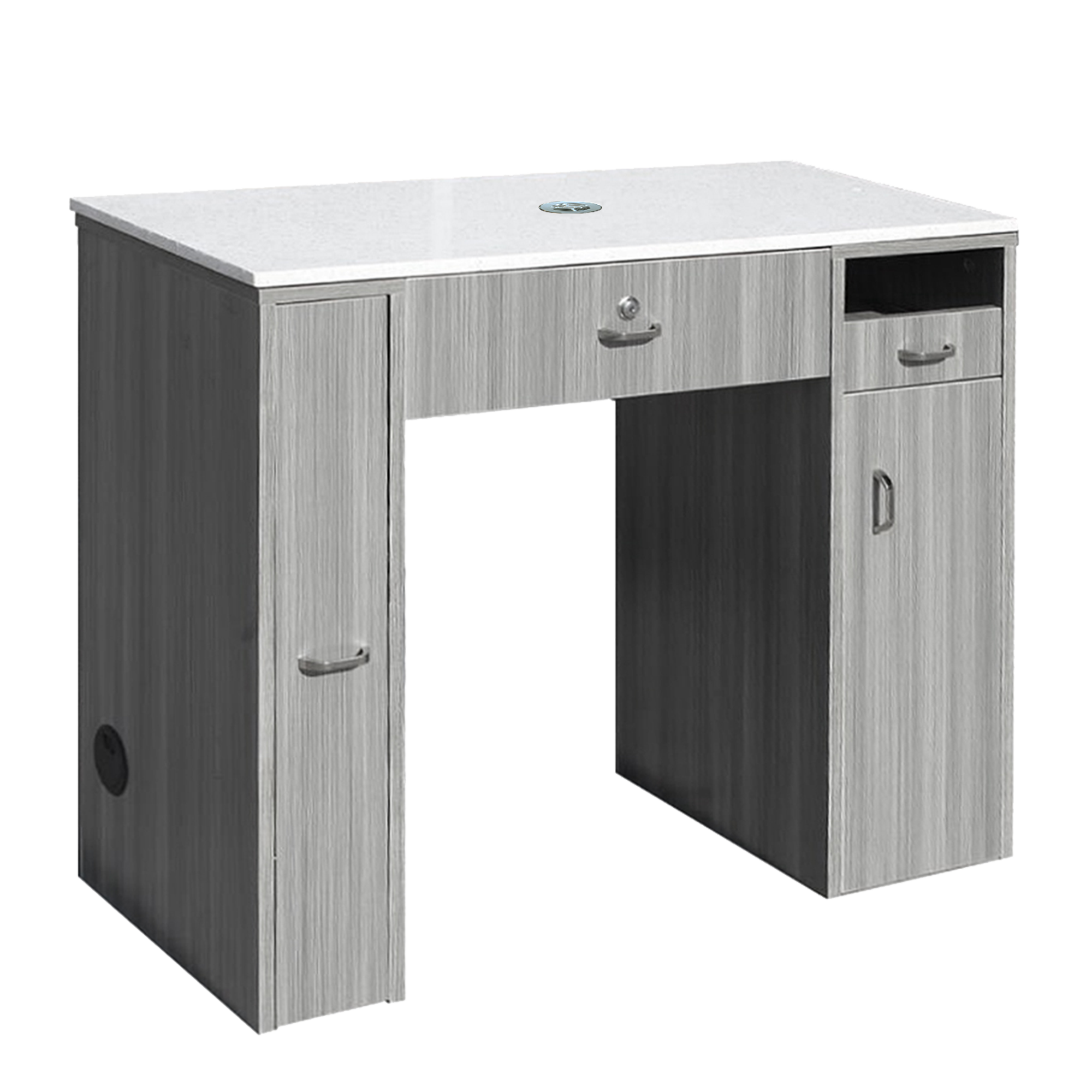 Rear view of gray manicure table with white top
