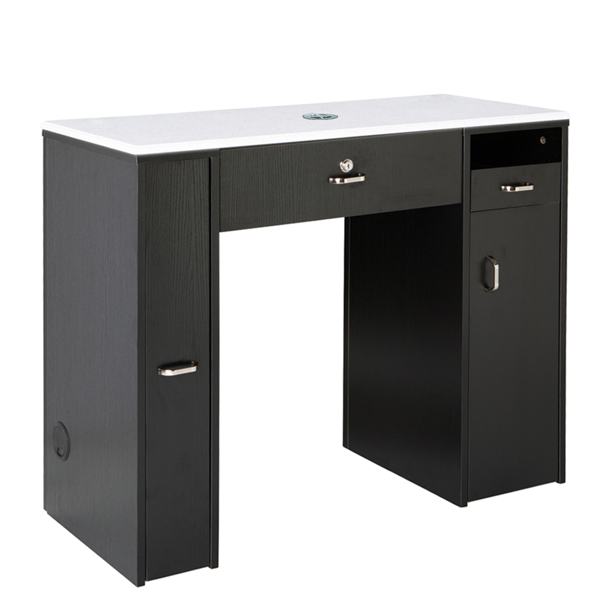 Rear view of black manicure table with white top