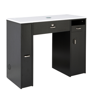 Rear view of black manicure table with white top