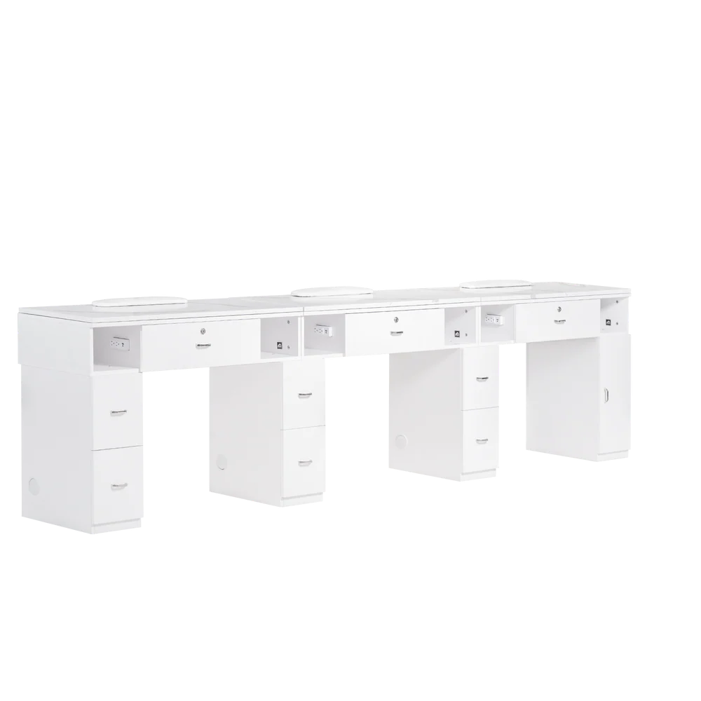 Rear view of white triple manicure nail table 