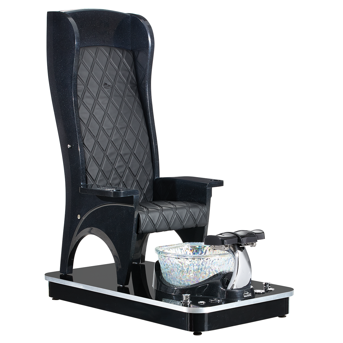 Black pedicure chair with bowl and foot stool