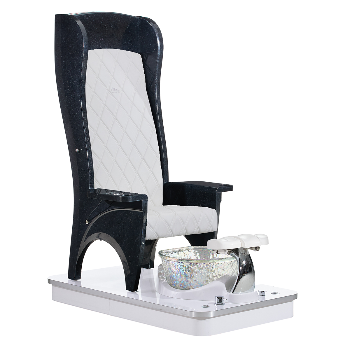 Black pedicure chair with white seat and white base with foot bowl 
