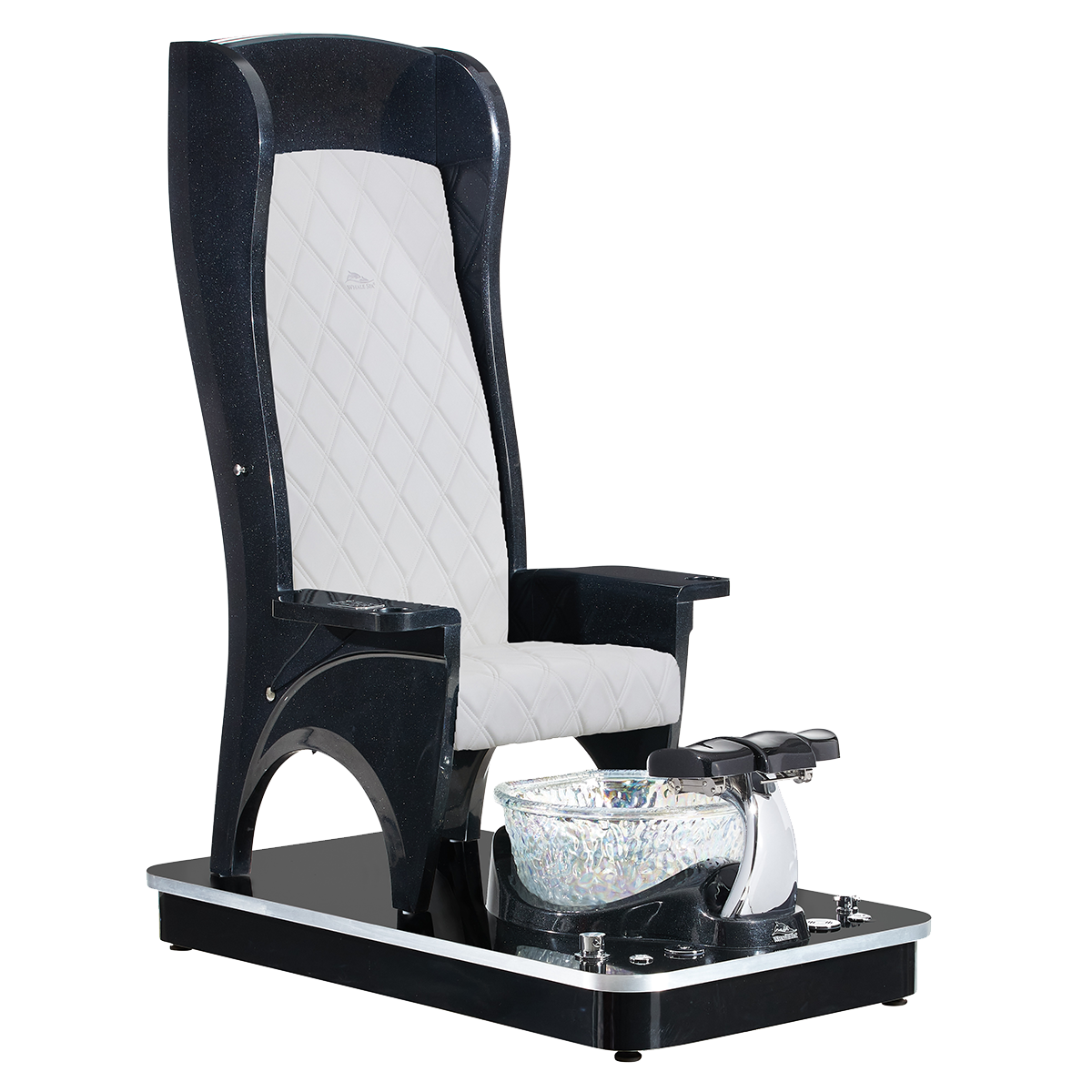 Black luxury pedicure chair with white seat and black base with foot bowl