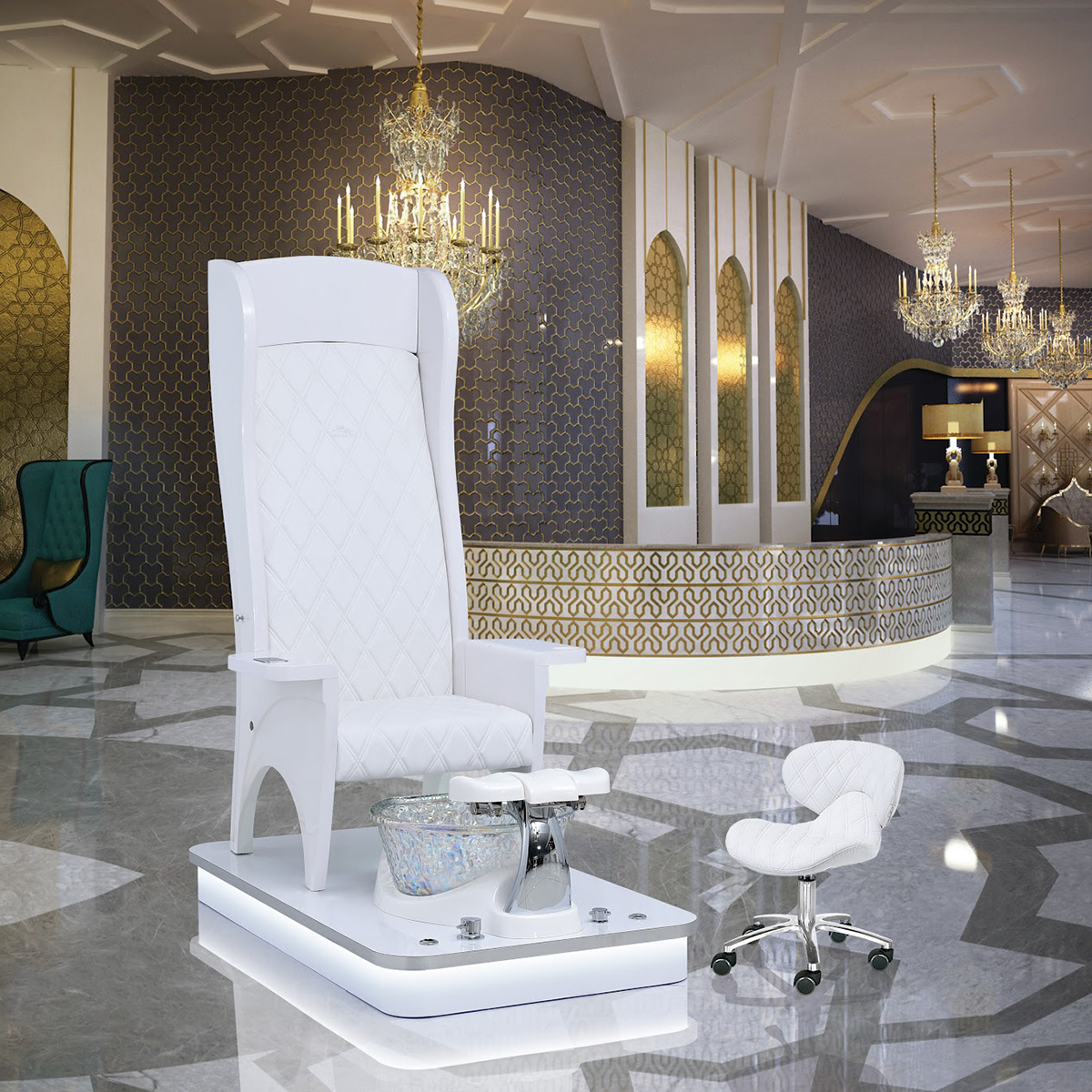 Luxury white pedicure chair featured with technician stool