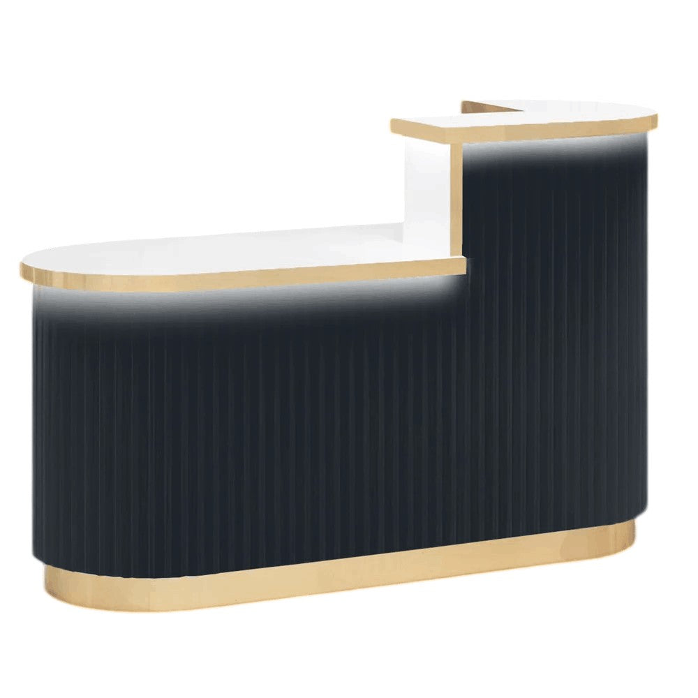 Charcoal salon reception desk with wooden slats and LED lighting