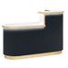 Charcoal salon reception desk with wooden slats and LED lighting