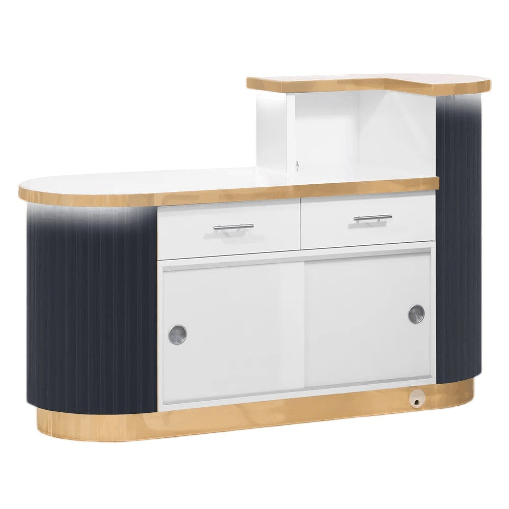 Rear view of charcoal salon reception desk with LED lighting