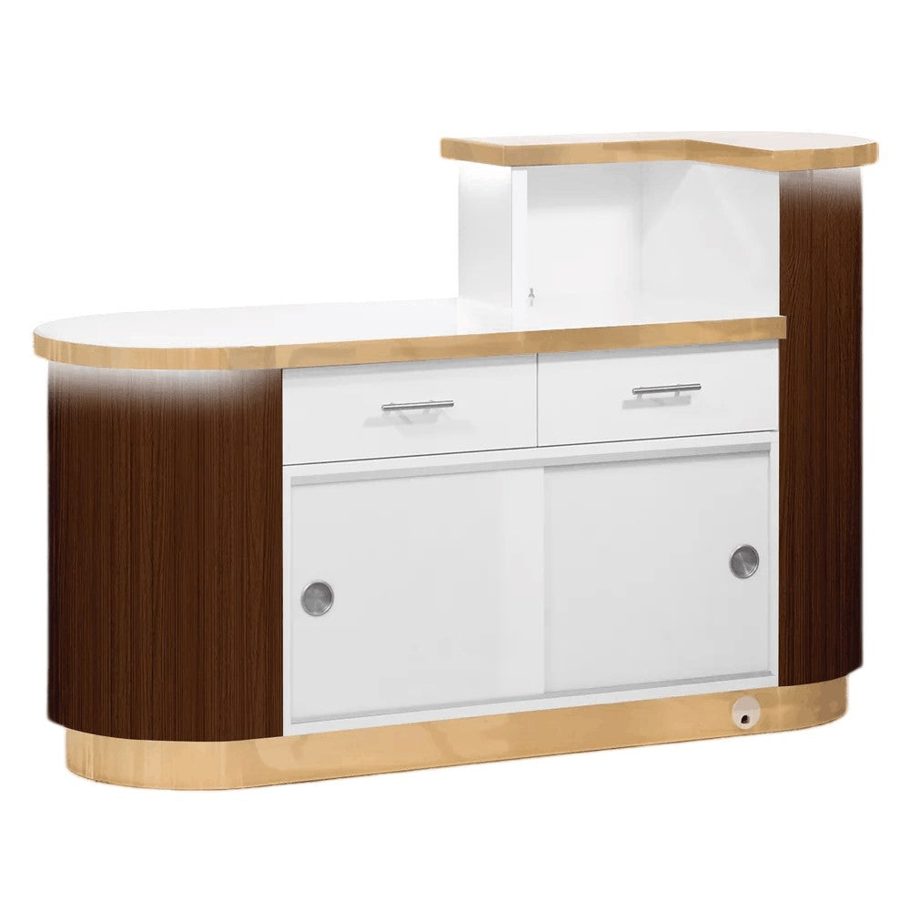 Rear view of espresso brown salon reception desk with wooden slats and LED lighting