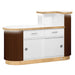 Rear view of espresso brown salon reception desk with wooden slats and LED lighting