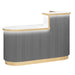 Gray reception desk with wooden slats and LED lighting