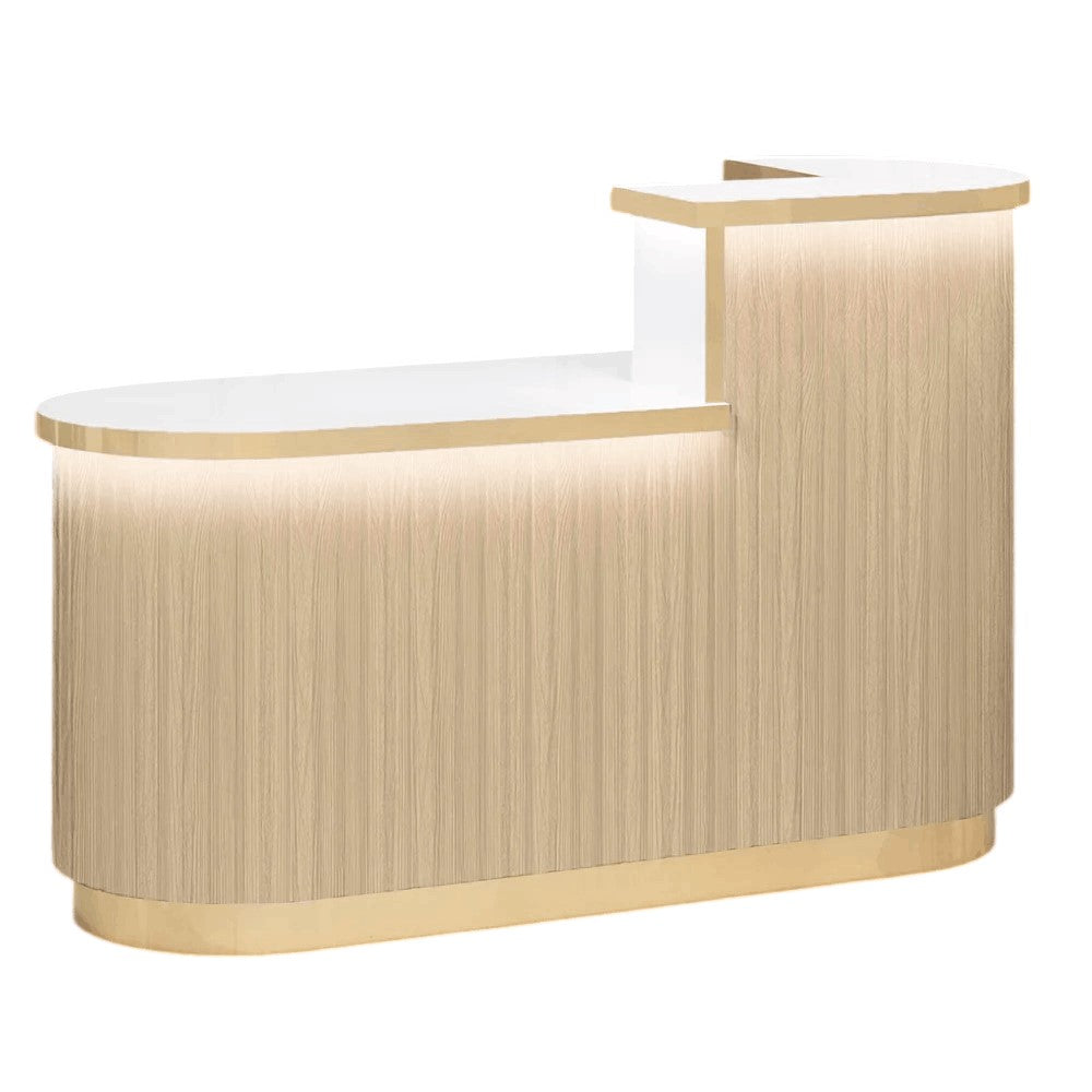 Oak reception desk with wooden slats with LED lighting