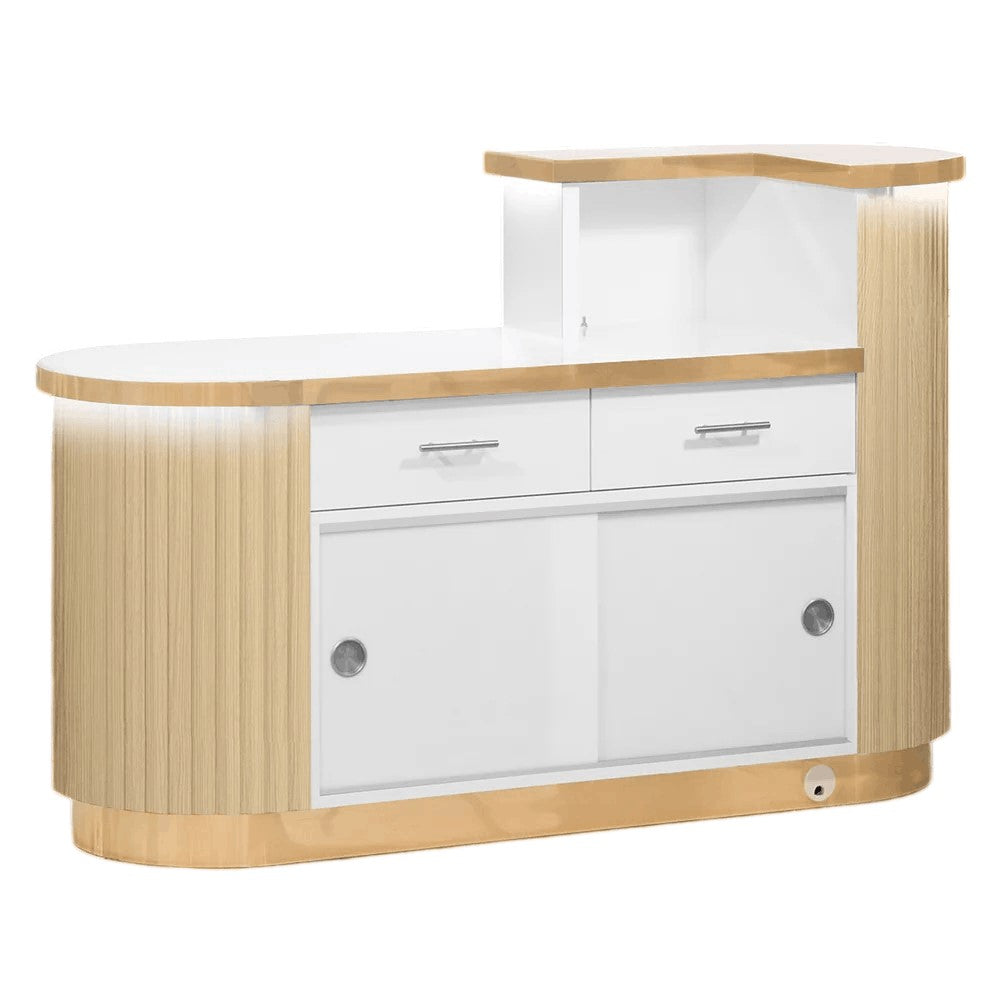 Rear view of oak reception desk with LED lighting and wooden slats