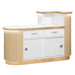 Rear view of oak reception desk with LED lighting and wooden slats