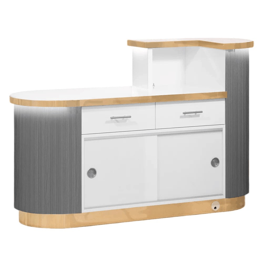 Rear view of gray salon reception desk with LED lighting