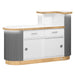 Rear view of gray salon reception desk with LED lighting