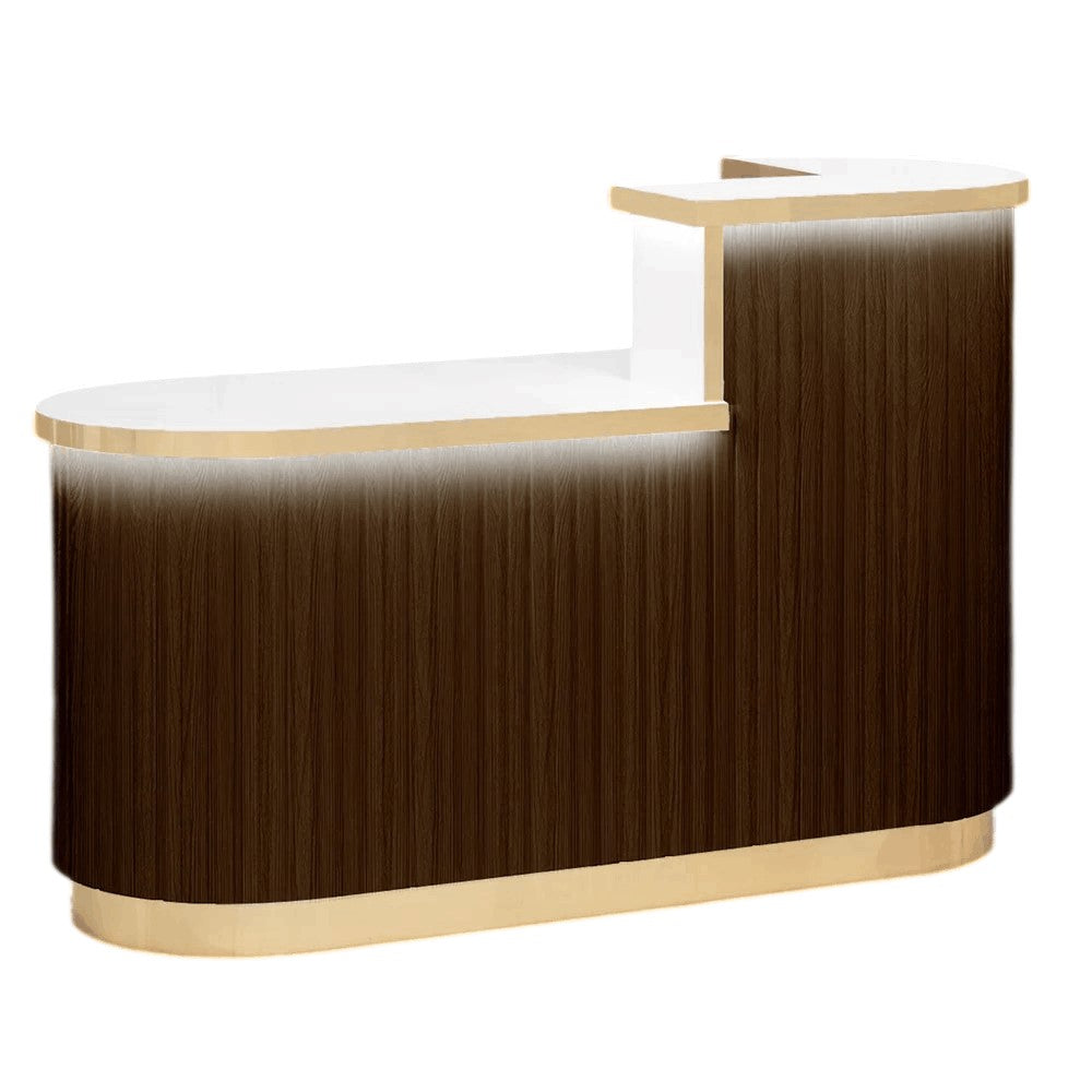 Walnut reception desk with wooden slats and LED lighting