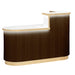 Walnut reception desk with wooden slats and LED lighting
