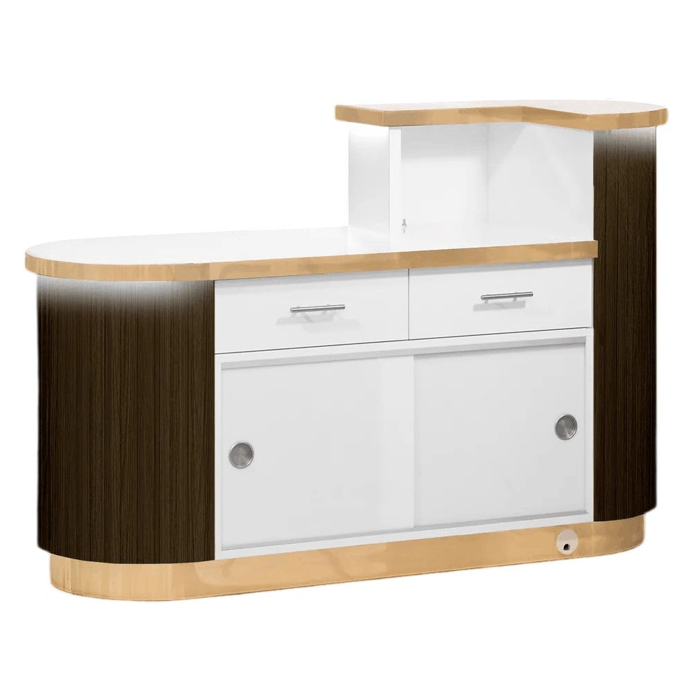 Rear view of walnut reception desk with LED lighting against white background
