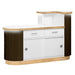 Rear view of walnut reception desk with LED lighting against white background