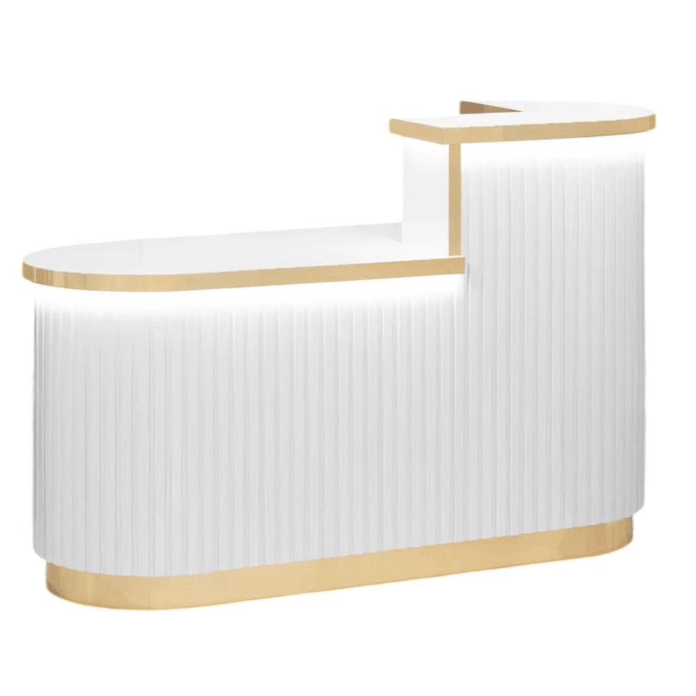 White salon reception desk with wooden slats against white background