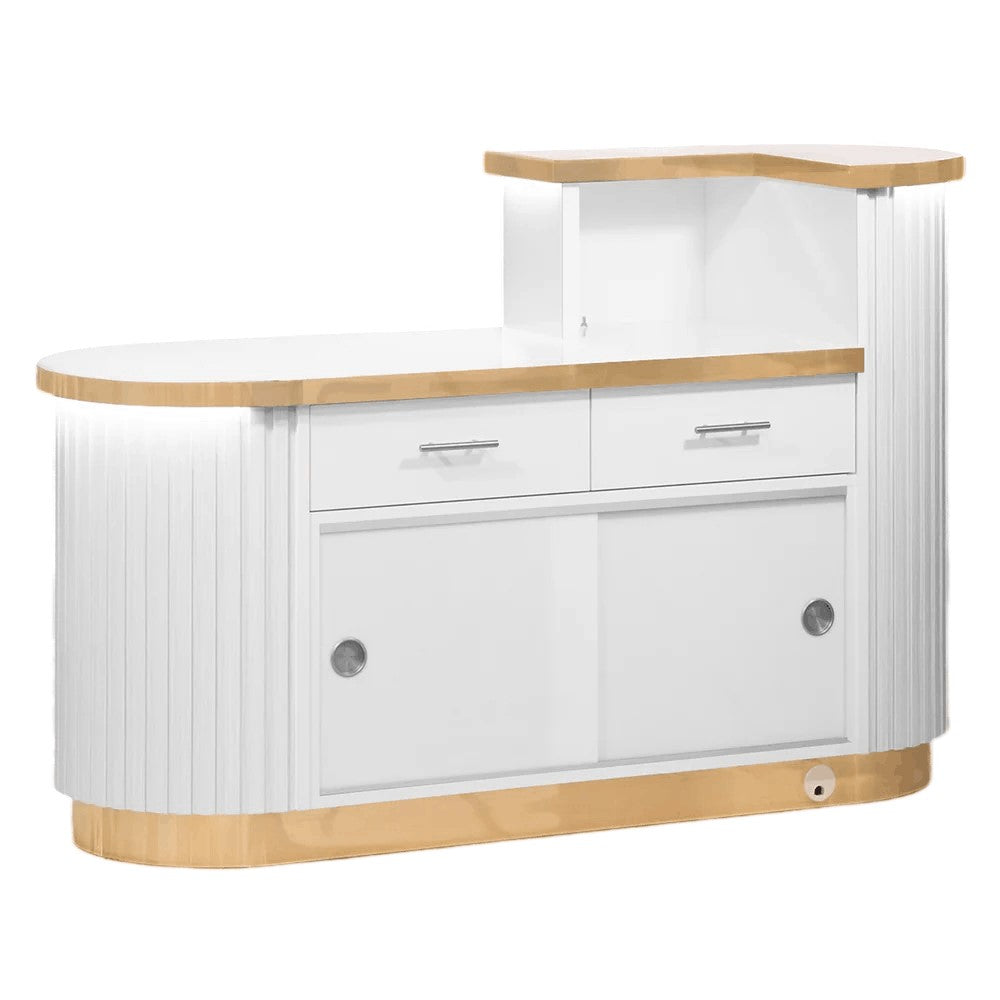 Back side of white salon reception desk with pull out and sliding drawers