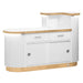 Back side of white salon reception desk with pull out and sliding drawers