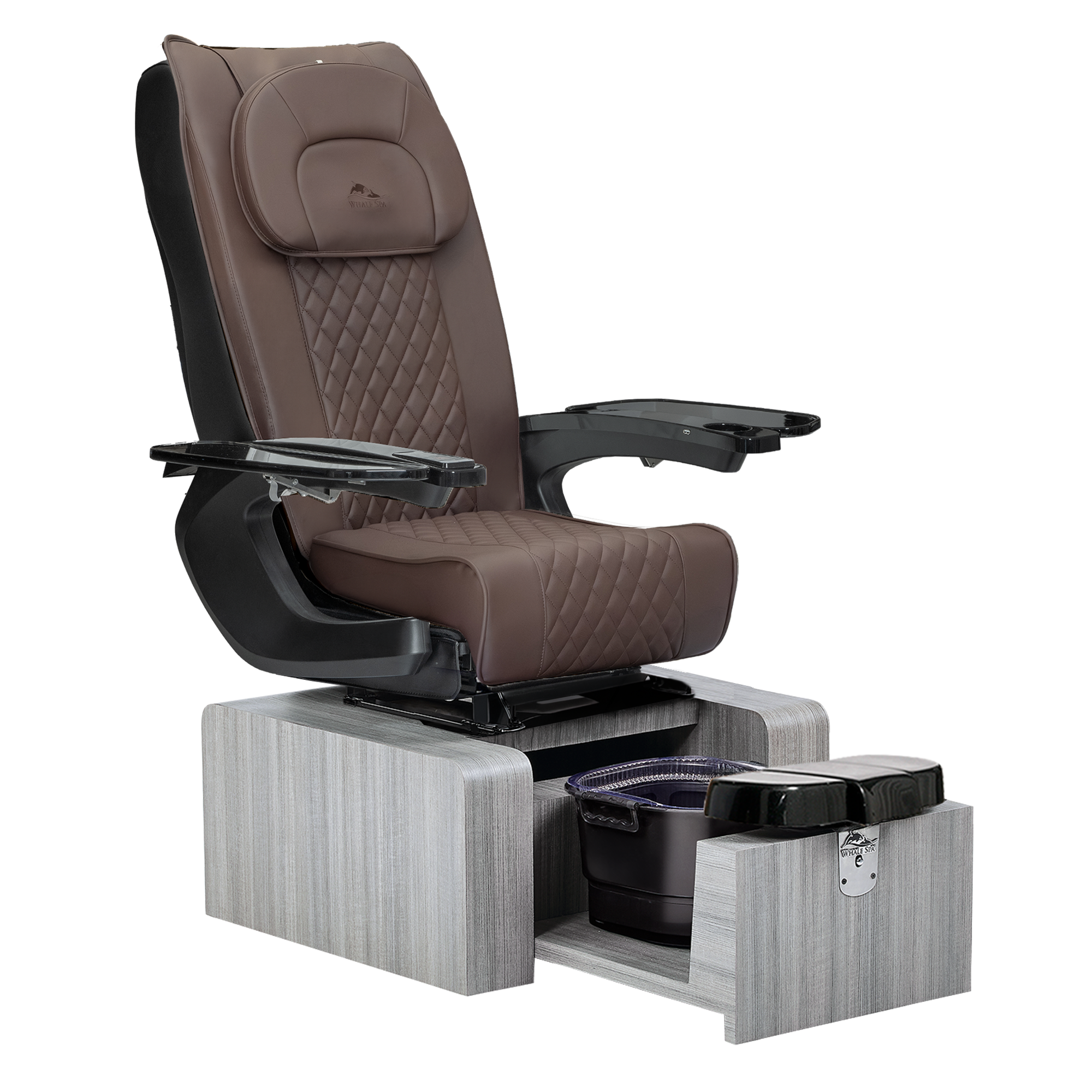 Pure III pedicure chair in chocolate leather on a gray base with black armrests