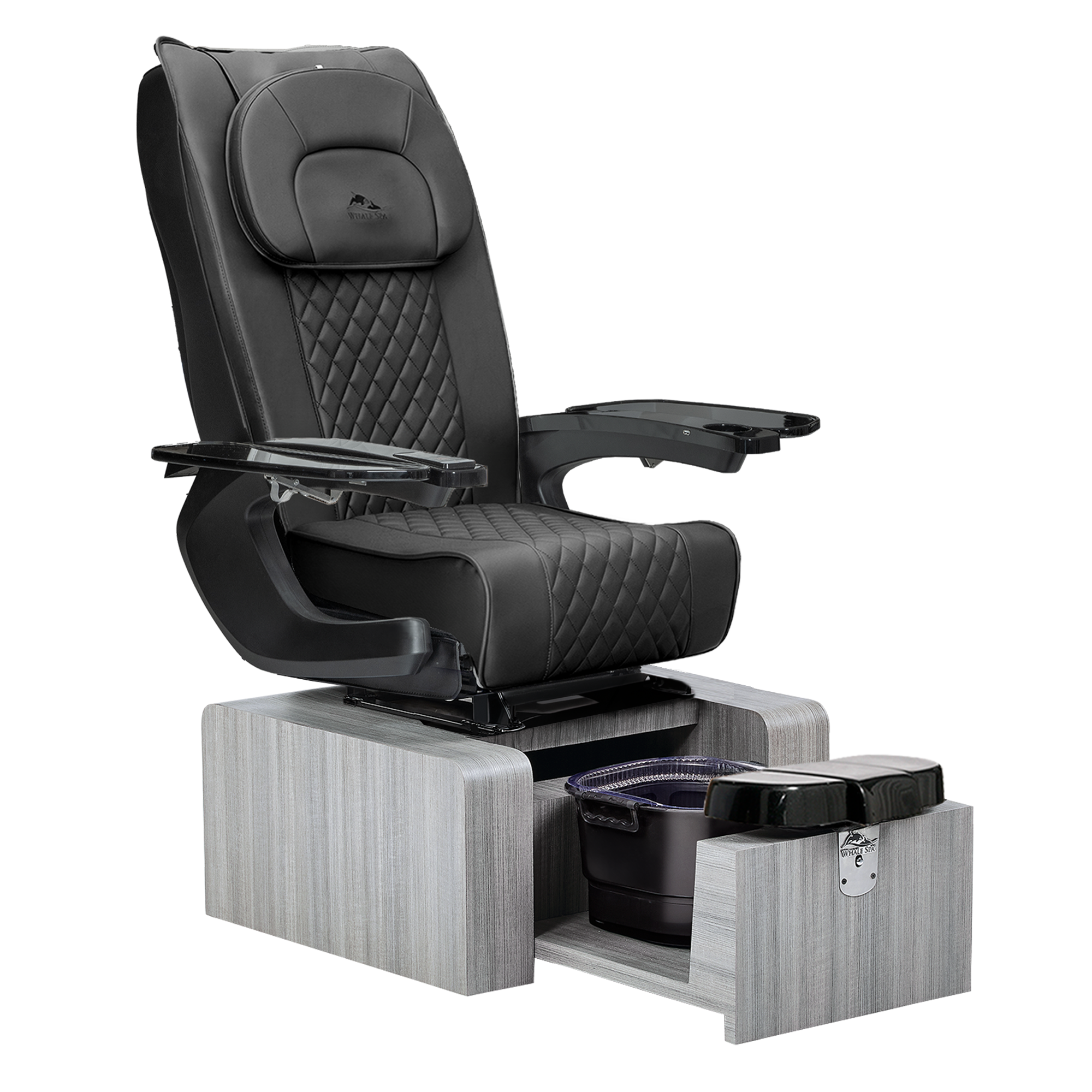 Pure III pedicure chair in black leather on a gray base with black armrests