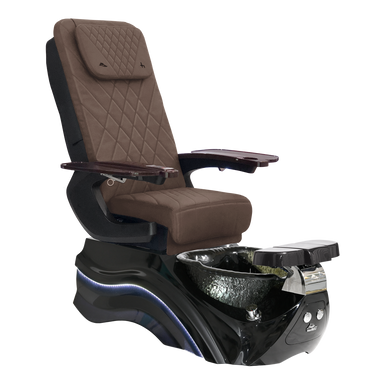 Chocolate pedicure chair on black base with basin and footrest